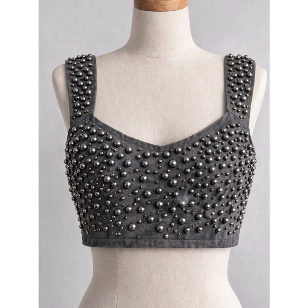 Anthropologie Studded Corset Crop Top Gray Zip Back Size 6